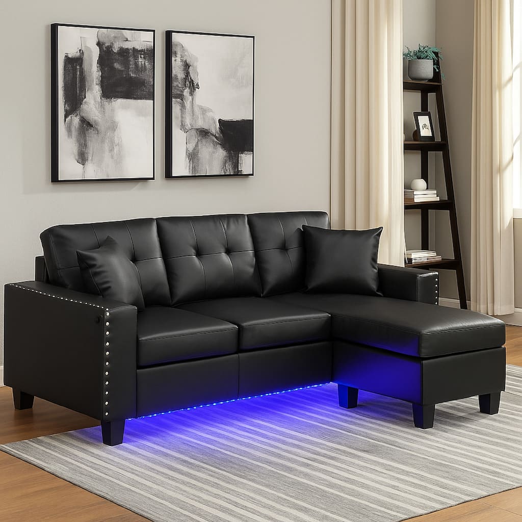 Renza Sectional Sofa Chaise with LED Lights, 2 Pillows, Black 74 Inch