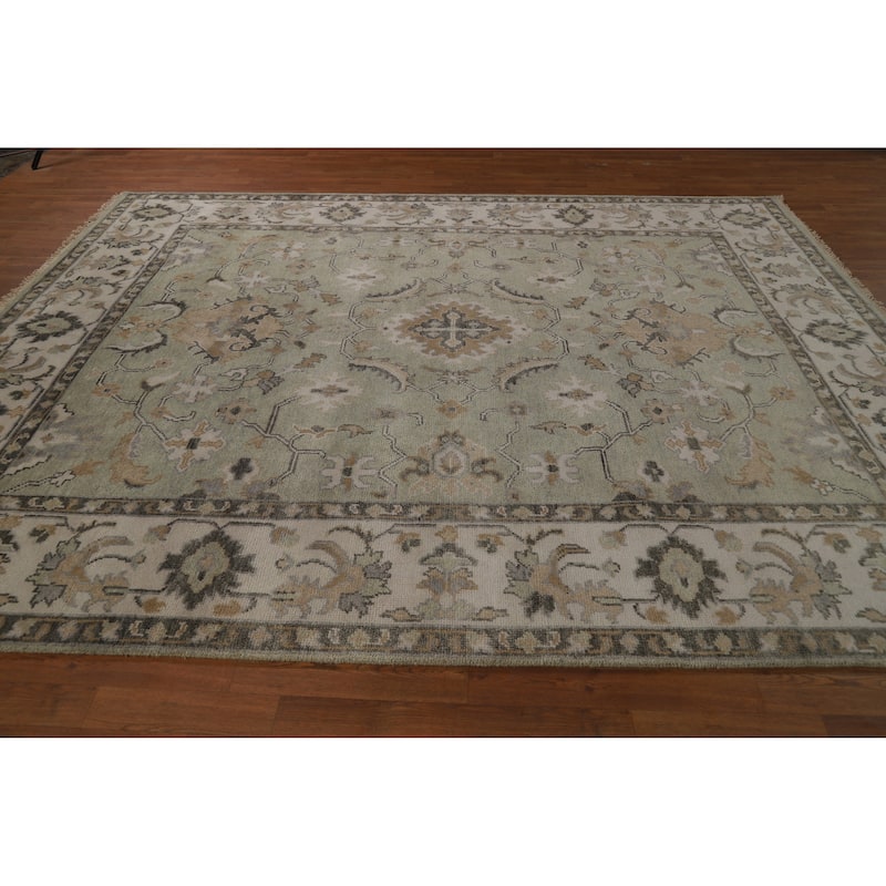 Green Ivory Oushak Indian Area Rug Hand-Knotted Wool Carpet - 8'1" x 10'1"