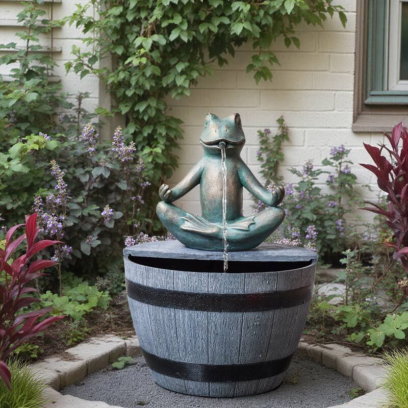 Rustic Polyresin Outdoor Fountain – Handcrafted Gray Frog and Barrel Design with Pumped Waterfall