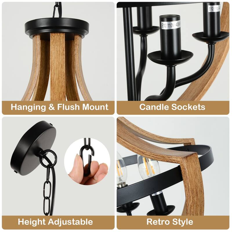 5-Light Rustic Chandelier with E26 Bulb Base, Adjustable Height Wooden Frame Pendant Light for Kitchen or Entryway