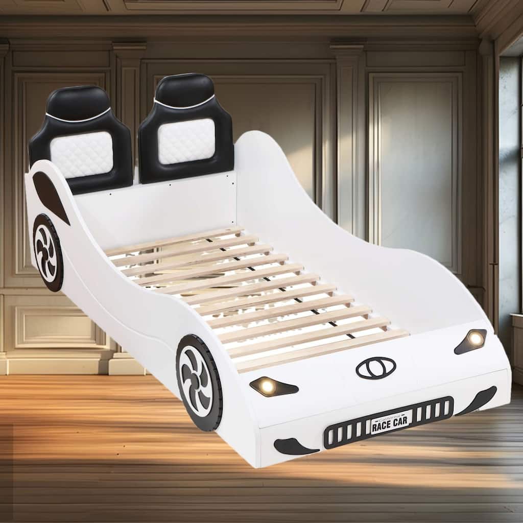 Red or White Twin Car Bed with LED Lights, Padded Upholstered Headboard and Wheels Trim