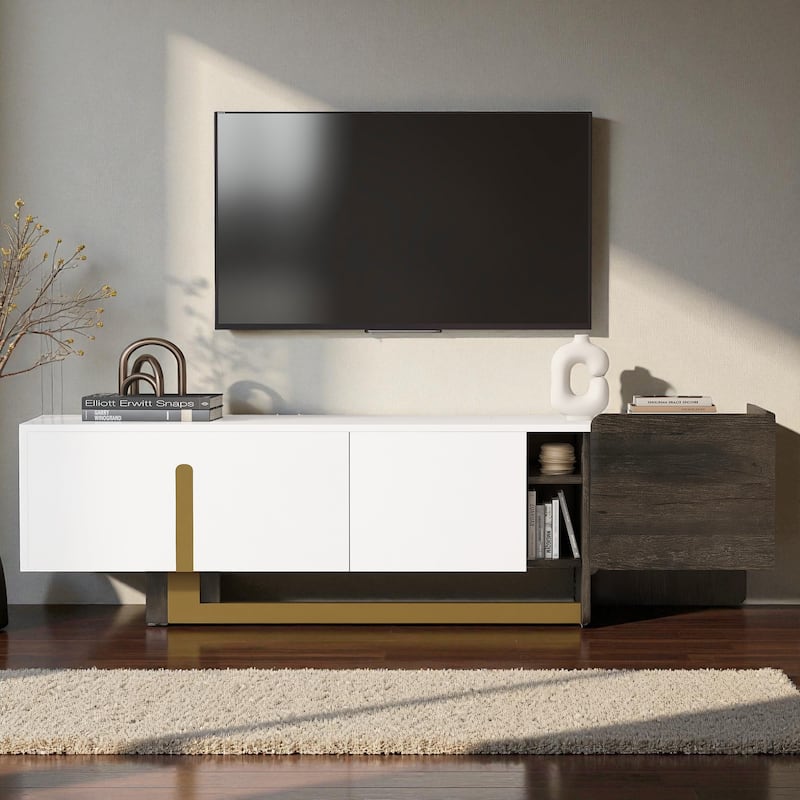 66.7'' Modern Luxury TV Stand with Metal Legs, Drawer, Cabinets & Adjustable Shelves, Fits TVs up to 70'' - White