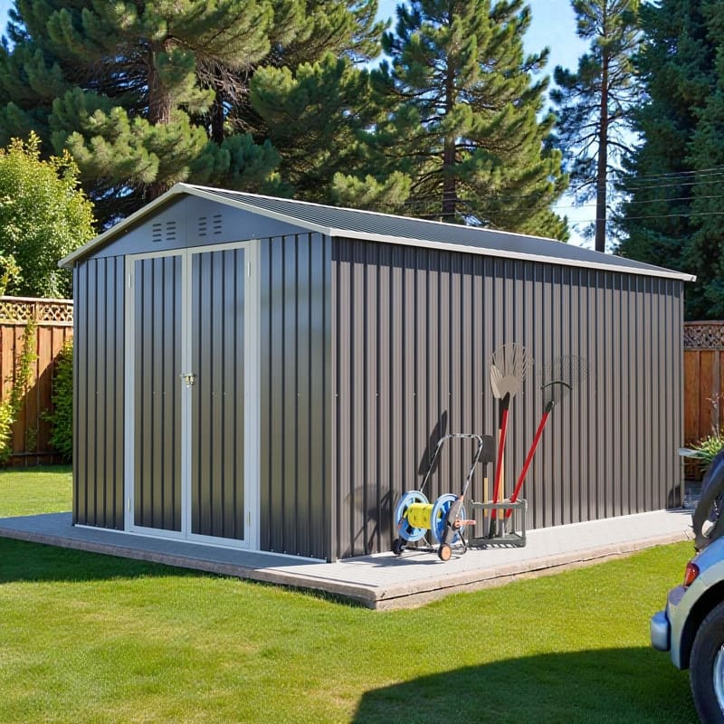 8' x 12' Lockable Outdoor Metal Storage Shed, Aluminum Frame, Durable Garden Tool Shed for Backyard, Patio or Lawn