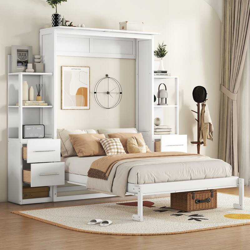 Murphy Bed Wall Bed with Shelves, Drawers and LED Lights (Full Size And Queen Size)