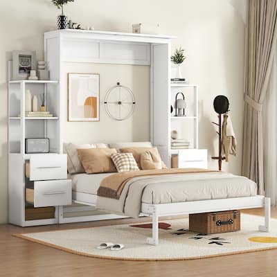 Murphy Bed Wall Bed with Shelves, Drawers and LED Lights