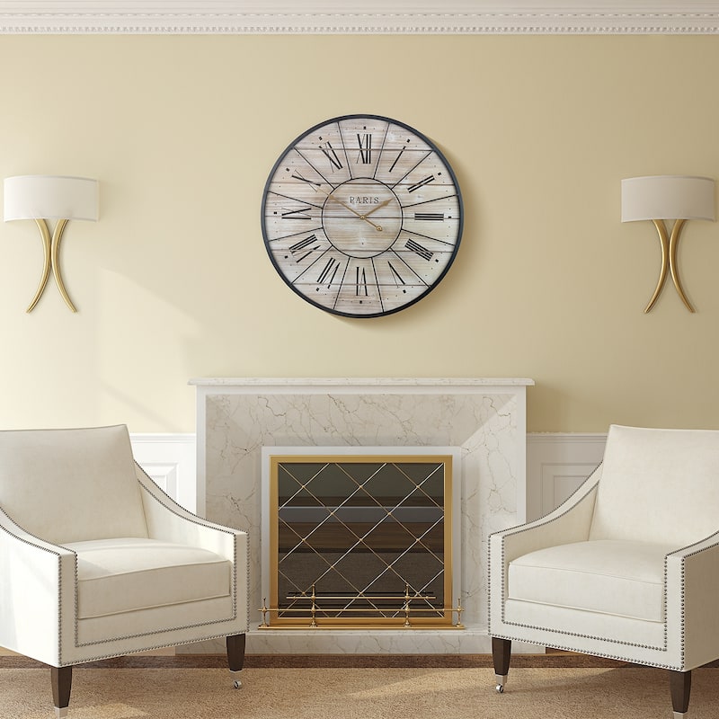 Sorbus Oversized 24" Round Analog Metal Wall Clock - Wooden Farmhouse Paris Décor (Roman Numerals)