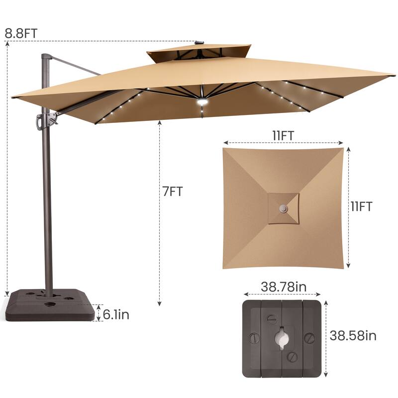 11 FT Aluminum Solar-Powered LED Light Patio Cantilever Umbrella with Base