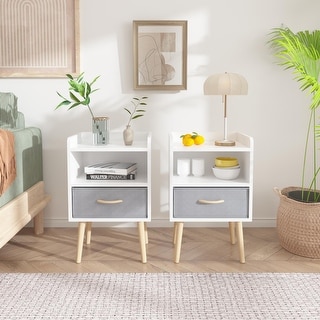 2PC Nightstand With Collapsible Fabric Drawer, 2-Tier Storage End Table, Wood Side Table with Storage Cabinet