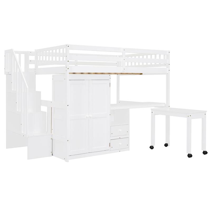 Multifunctional Full Size Loft Bed with Stairs, Bookshelf, Drawers, Desk & Wardrobe - White