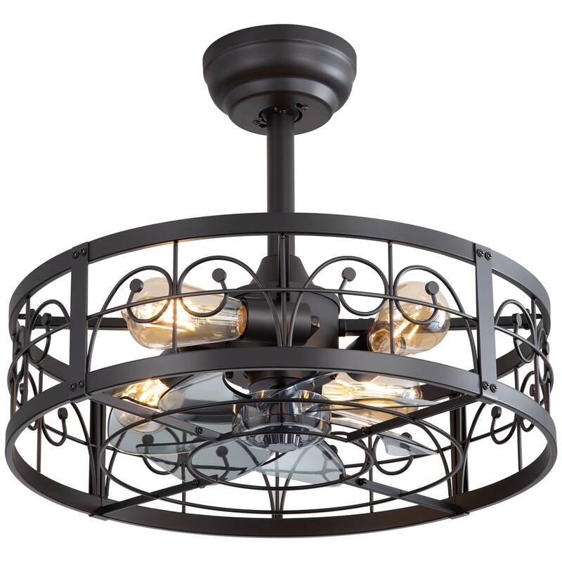 20" Matte Black Metal Caged Ceiling Fan with Light and Remote(7-Blade)