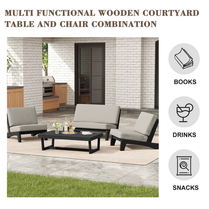 4 Set Outdoor Patio Teak Wood Club Chairs Loveseat with Coffee Table
