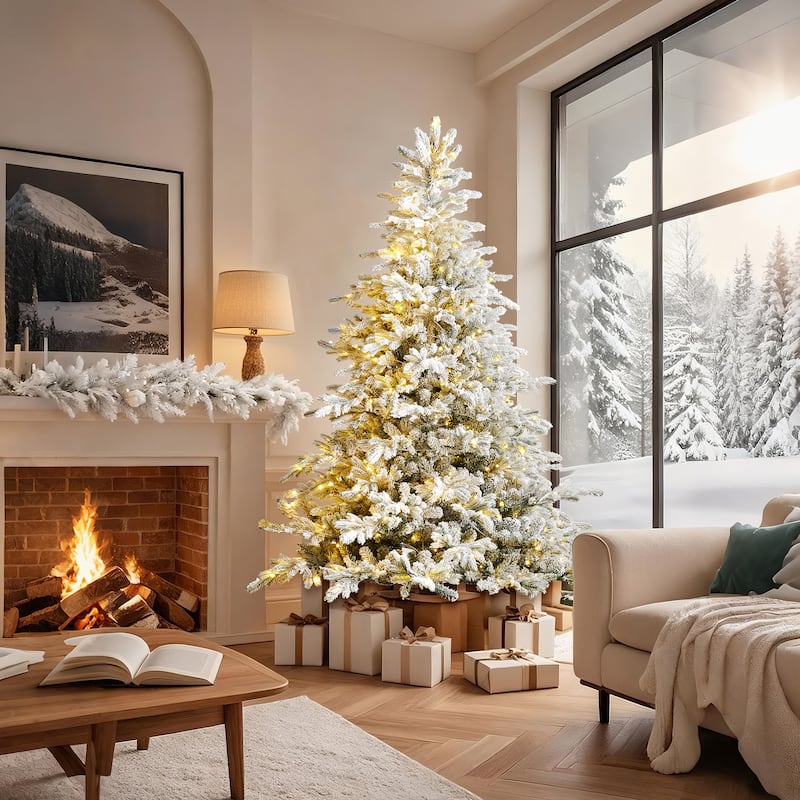 Glitzhome 6FT/7.5FT/9FT/11FT Snow Flocked Pre-lit Artificial Fir Christmas Trees