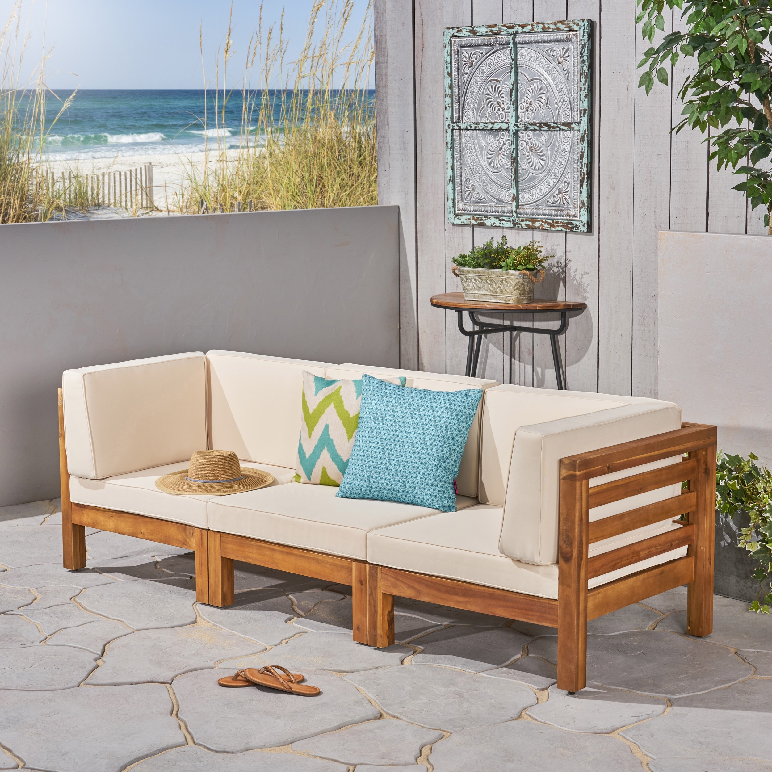 Oana Acacia Wood 3-seat Sectional Sofa with Cushions by Christopher Knight Home
