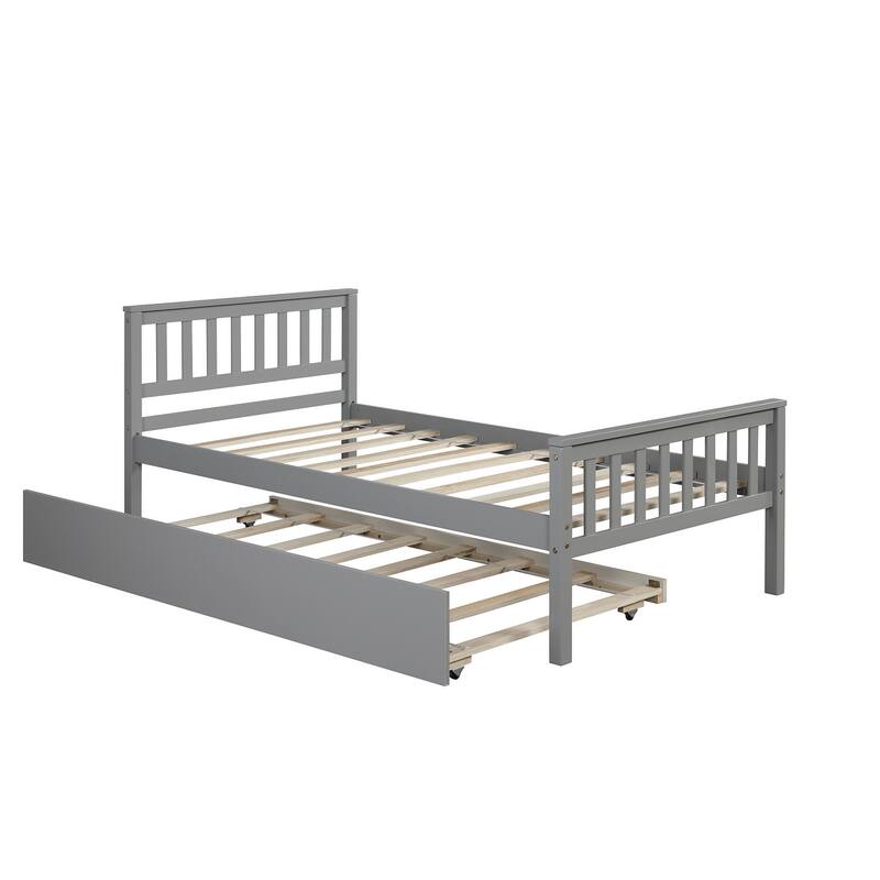 Twin Size Bed with Pull-out Trundle Bed, Platform Bed with Fence Headboard Footboard, No Box Spring Needed, Wood Slats Support
