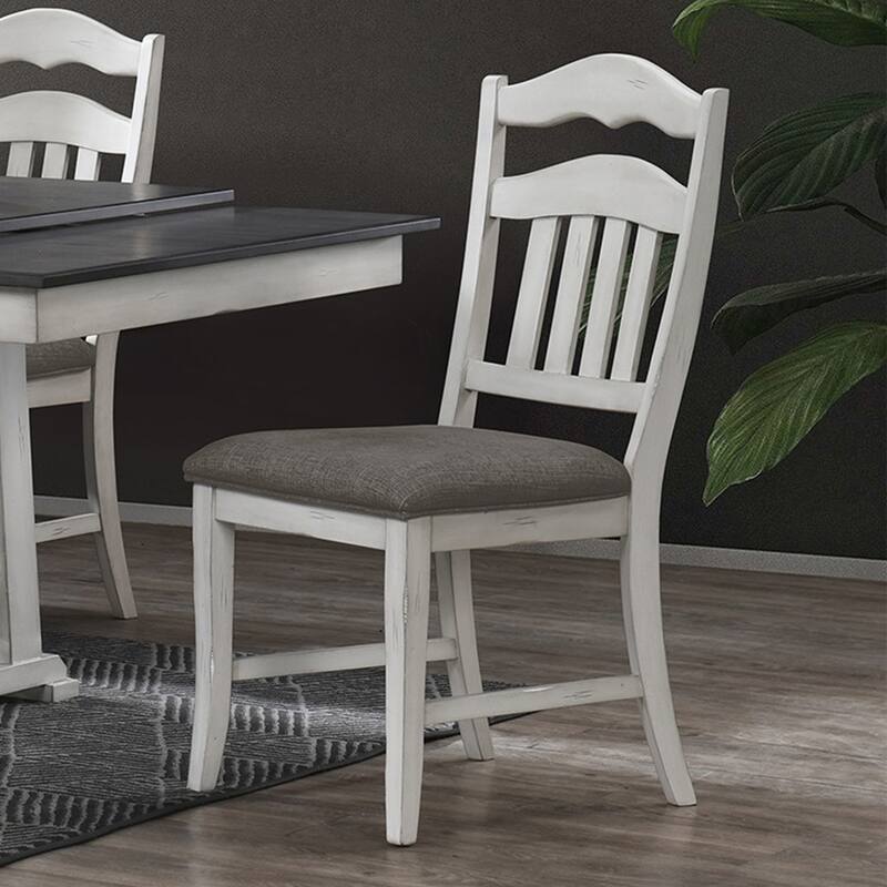Set of 2 Upholstered Dining Chairs with Slatted Back in Antique White