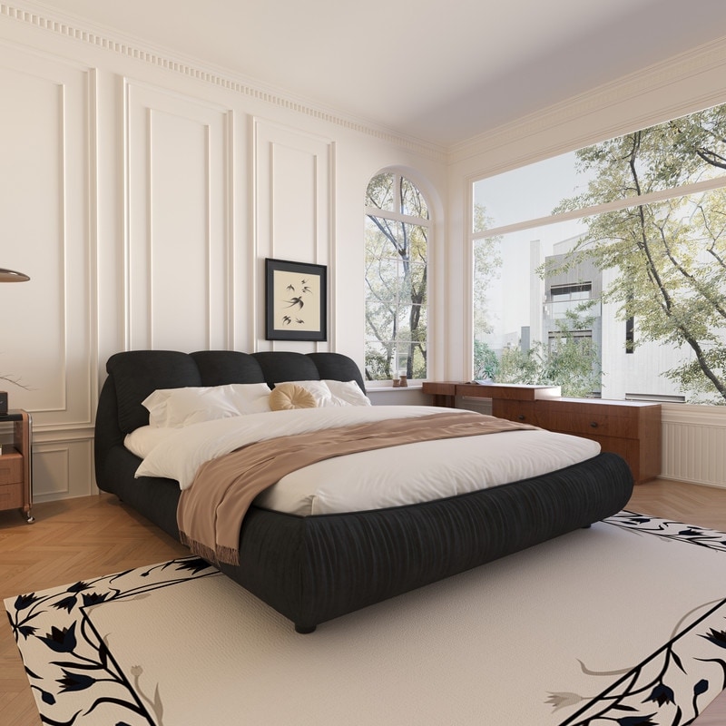 Queen/King Size Upholstered Platform Bed with Oversized Padded Backrest, Modern Bed Frame with Thickening Pinewooden Slats