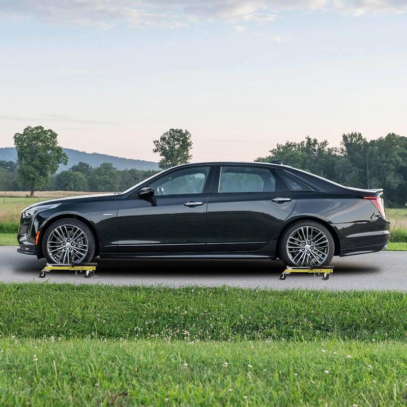 2-Pack Heavy-Duty Car Wheel Dolly and Jack Set 1500-lb Capacity with Ratcheting Foot Pedal and Casters Yellow