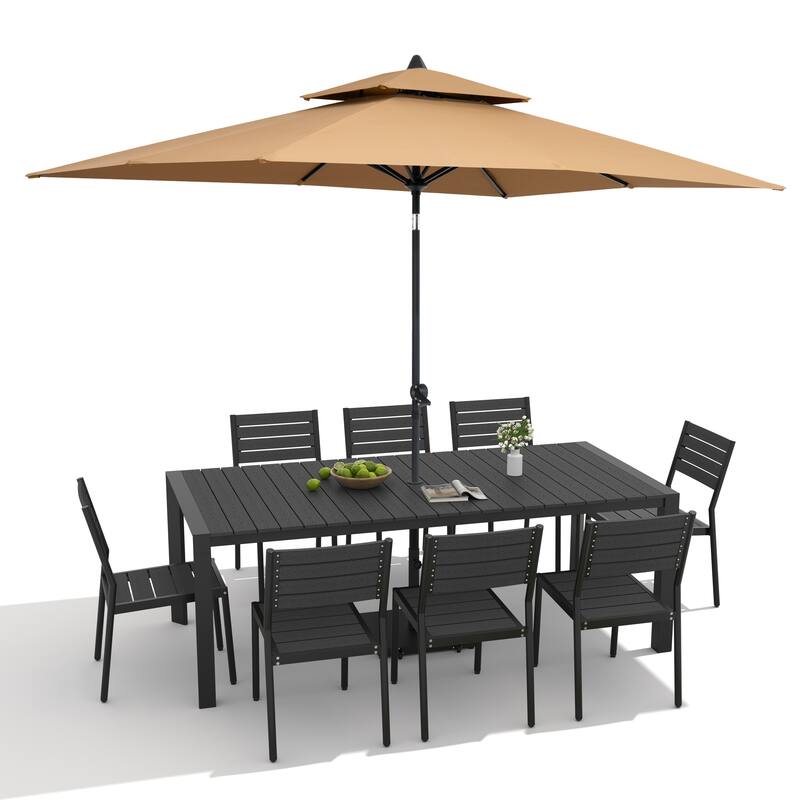 9/11-Piece Outdoor Dining Set Aluminum Table and Stackable Chairs w/10 ft Umbrella and Base