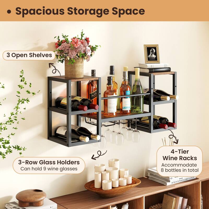 Rustic Brown Wood Wall Wine Rack with Glass Holders and Metal Frame - 35" L x 10" W x 16" H