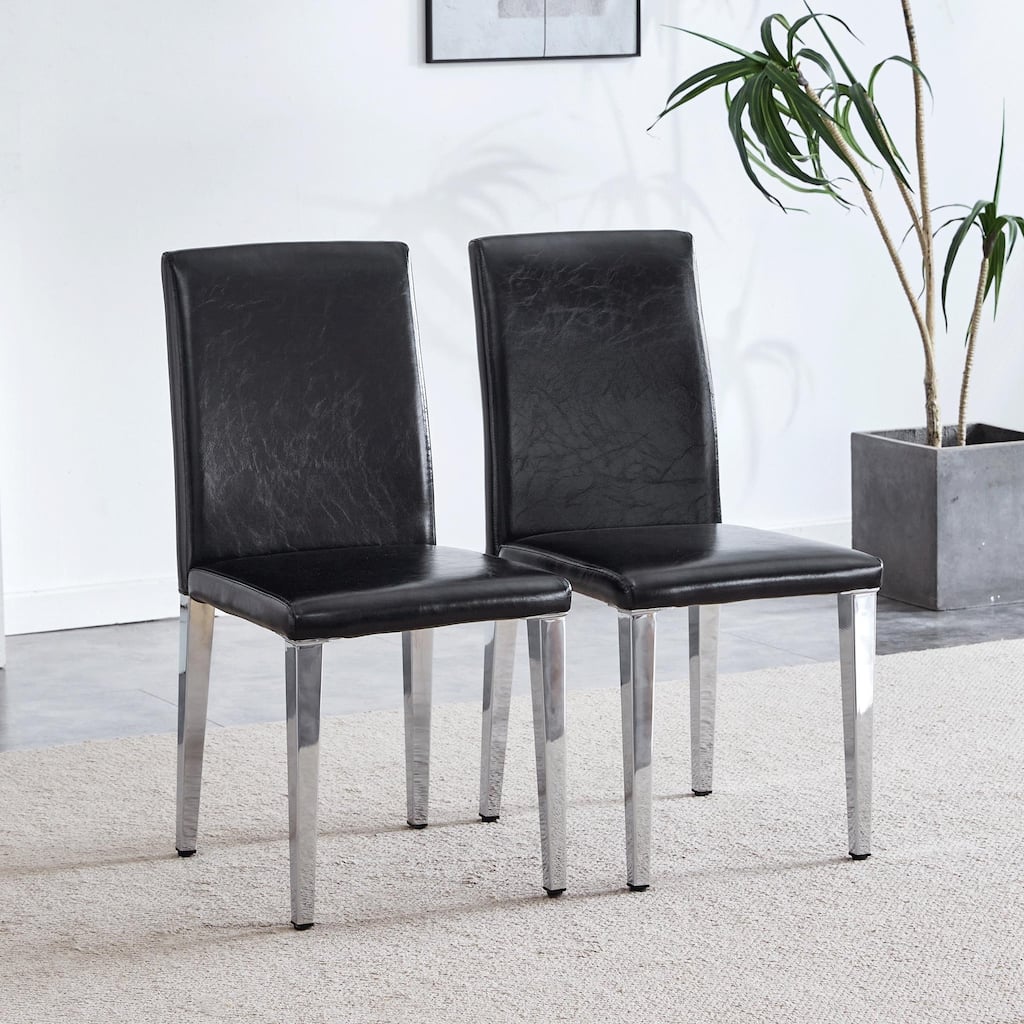 Set Of 2 PU Backrest Chairs With Silver Metal Legs, Suited For Minimalist And Contemporary Home Styles, 16.2*18.5*34.6 Inches
