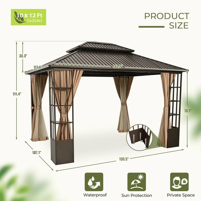 10 ft. x 12 ft. Double Roof Hardtop Patio Gazebo with Aluminum Frame, Storage Shelf