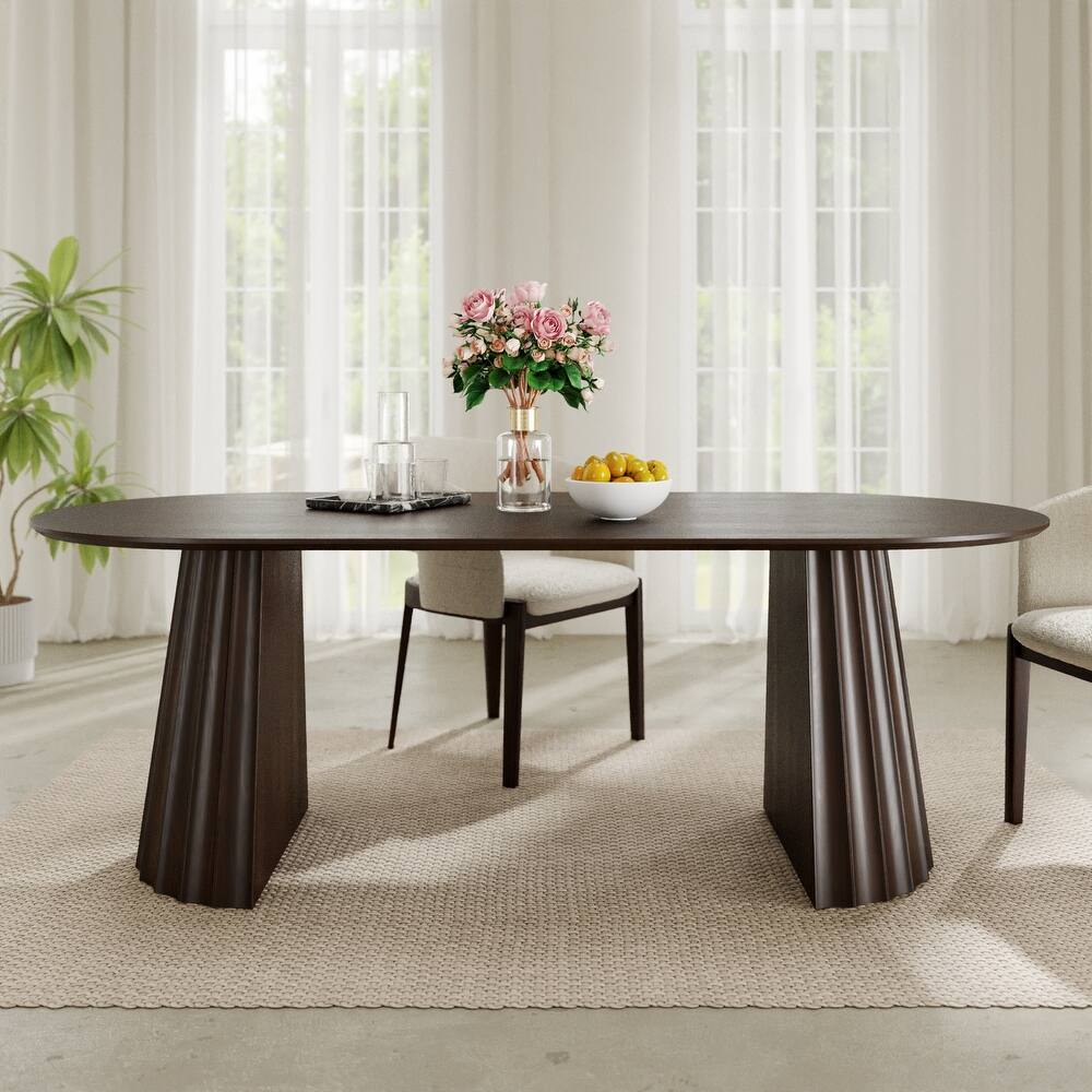 Modern Oval Wooden Dining Table - 79" Large Size, Sturdy Fluted Base, Natural Oak Finish for Dining Room