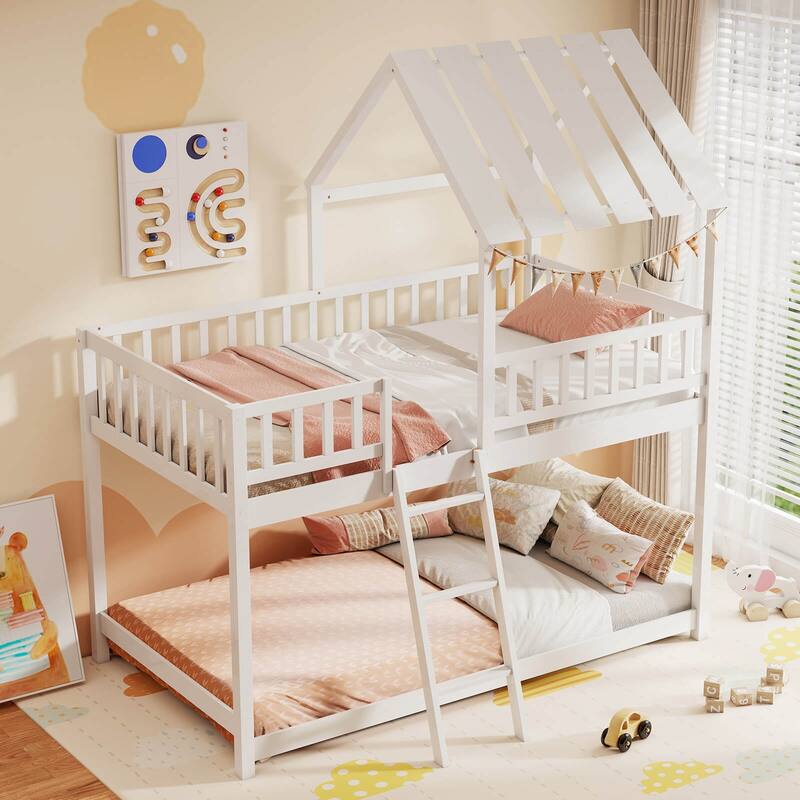 Costway Twin Over Twin House Bunk Bed with Roof, Ladder & Full-length