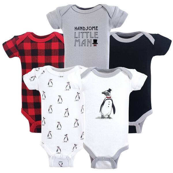 slide 1 of 1, Hudson Baby Infant Boy Cotton Preemie Bodysuits 5pk, Penguin, Preemie - Penguin Short-Sleeve Preemie - Penguin Short-Sleeve
