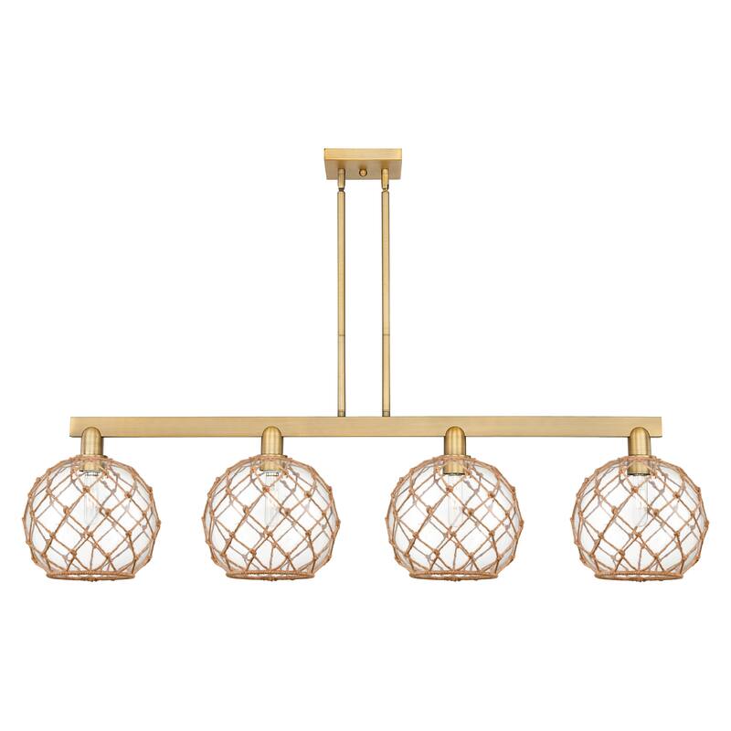 Innovations Lighting Endless Possibilities Arcadia - Farmhouse Rope - 4 Light 53" Stem Hung Island Light - Brushed Brass/Clear Glass with Brown Rope