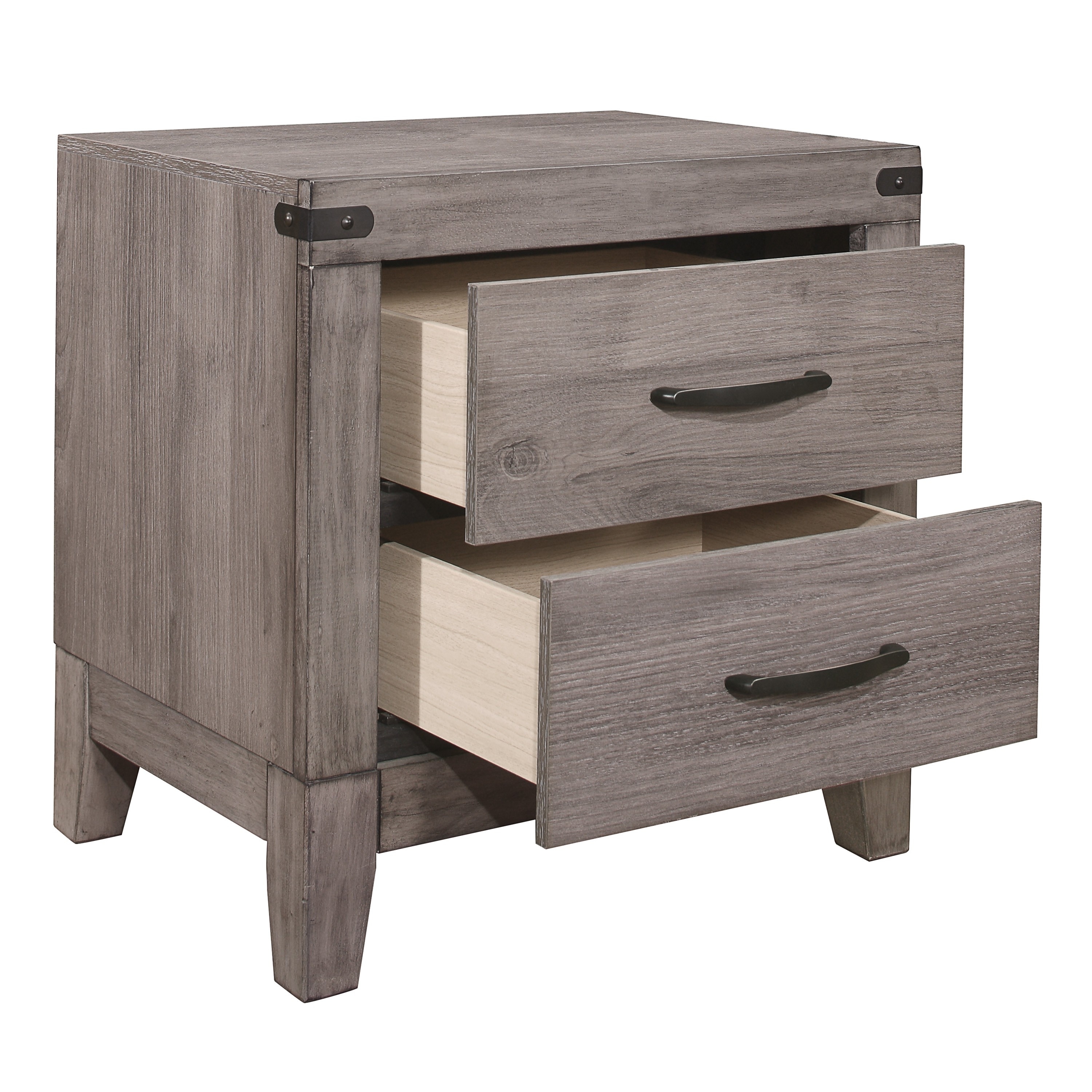 Nightstand, Melamine Laminate, Two Drawers, Dark Metal Hardware