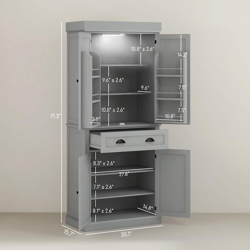 Nordic Style Kitchen Pantry with LED Lights, 6 Door Shelves, Drawer & 4 Adjustable Shelves