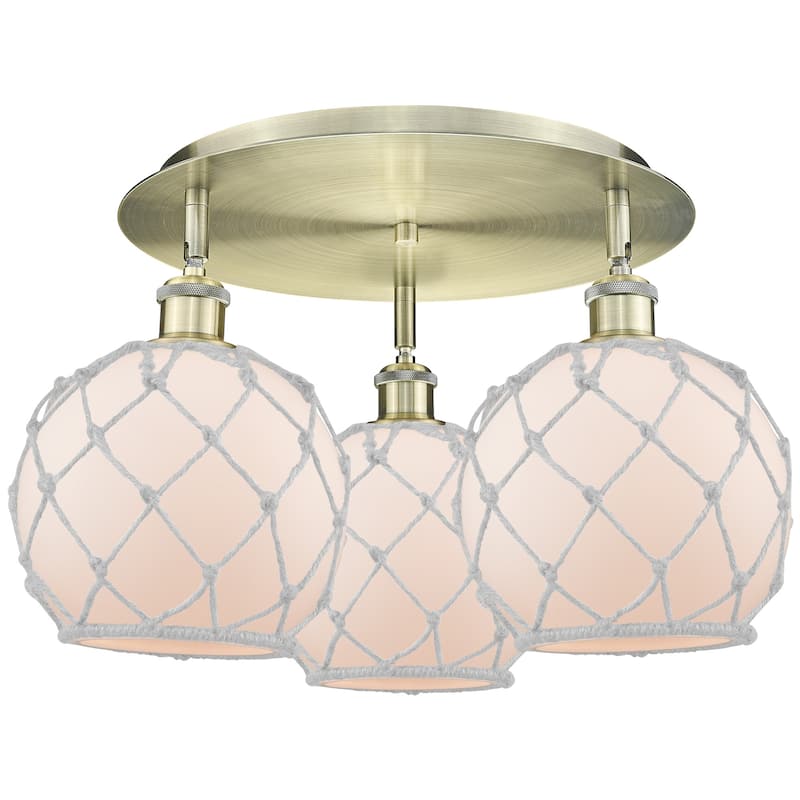 Innovations Lighting 516-3C-12-20 Farmhouse Rope Semi-Flush Farmhouse - Antique Brass / White Glass with White Rope