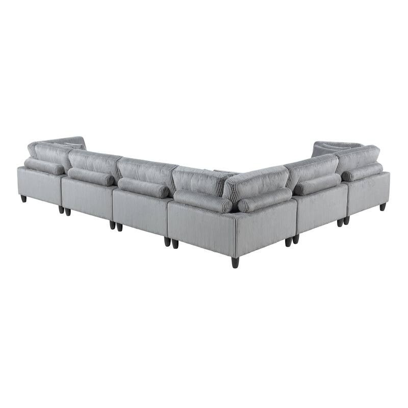6pc Gray Corduroy Modular Sectional Set with Pillows, Wood Frame, 120x160x36 inches, 384 pounds