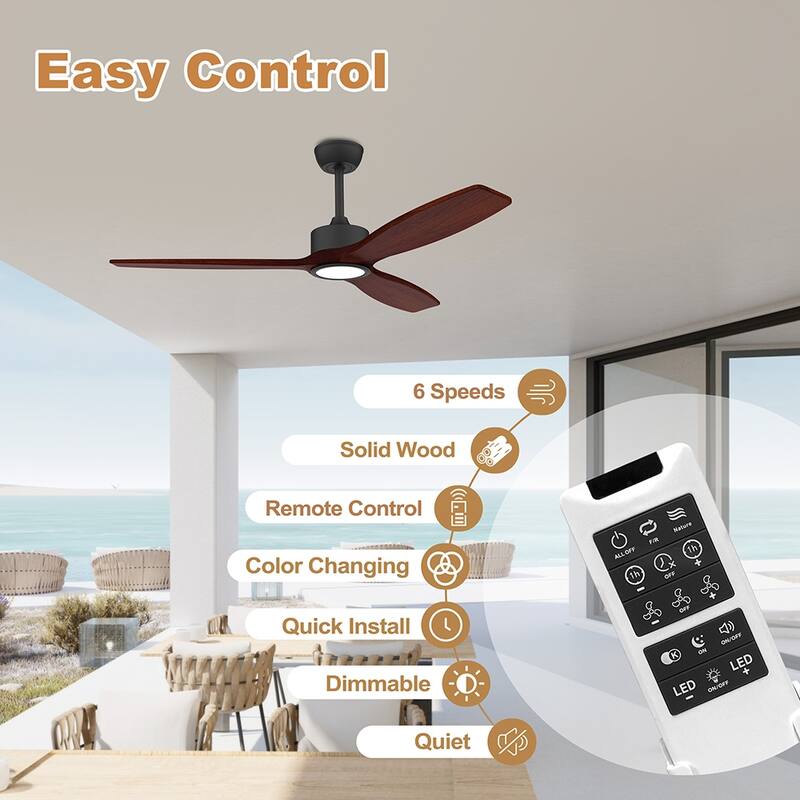 52 in. Wood Standard Indoor Outdoor Black Downrod Mount Ceiling Fans with Dimmable LED Light and Remote Control,Dimmable