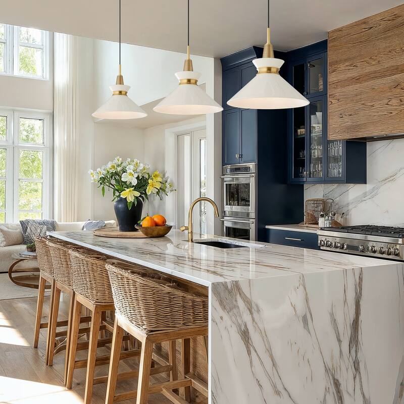 Orbit Bowl Modern Pendant Light - Metal Gold, Ivory White Cone Light Fixture For Modern, Scandinavian, Minimalist Room Decor