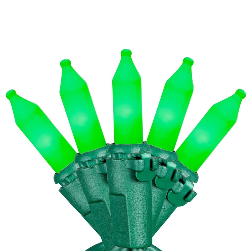 50 Light Traditional LED Christmas Mini Light Set, Patio Lights, Ceramic Bulbs, Green Wire, 25’ - Green