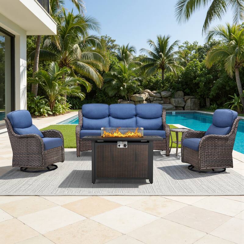 Meyreso 5-Piece Outdoor Patio Metal Fire Pit Wicker Conversation Set with 5-Inch Thick Olefin Cushions