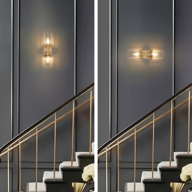 Modern Gold 2-Light Rectangle Vanity Light Dimmable Seeded Glass Wall Sconce - 4.7" W x 5.9" D x 17.5" H