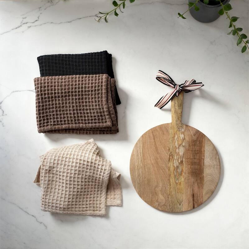 Mango Wood Cheese Board and 3-Piece Stonewashed Cotton Tea Towel Set - 28.0"L x 18.0"W x 0.25"H