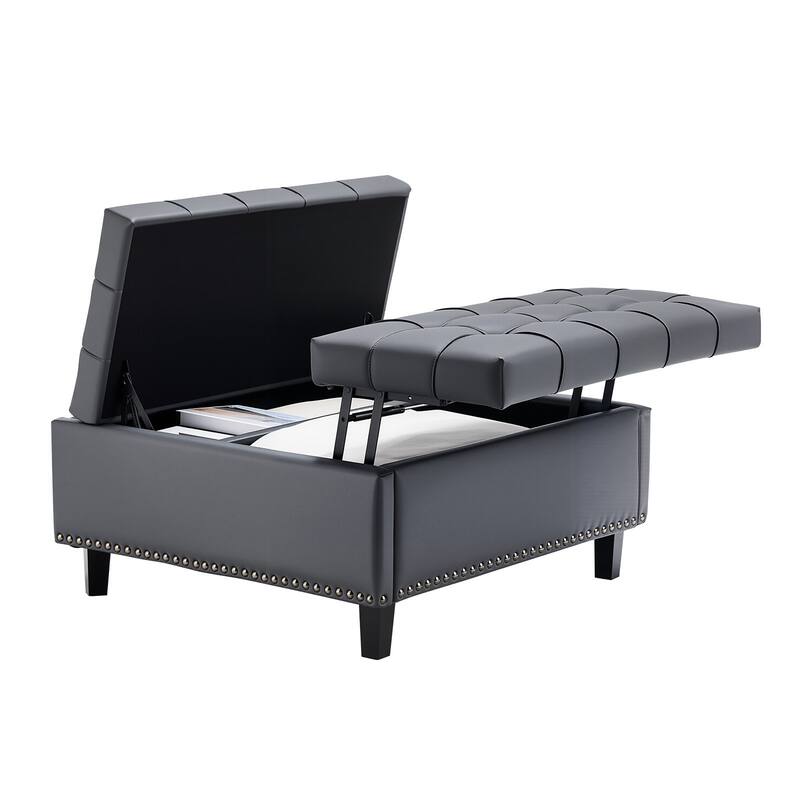 Tufted Lift Top Storage Ottoman Elegant Gray PU Leather with Hidden Compartment Child Safe Hinges