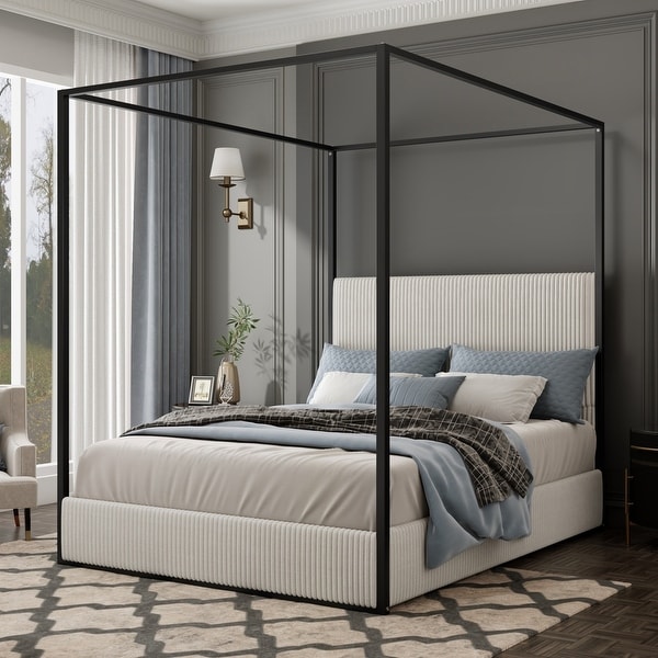 Mid-Century Luxury Metal Canopy Bed with Tall Corduroy Upholstered Headboard and Four Poster