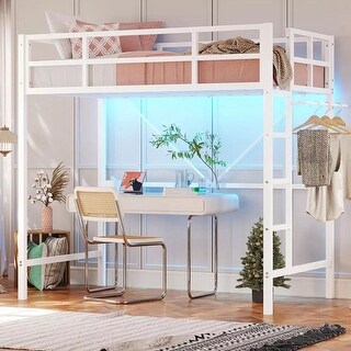 Twin Metal Bed Frame LED Lights Full-Length Guardrail & Ladder White