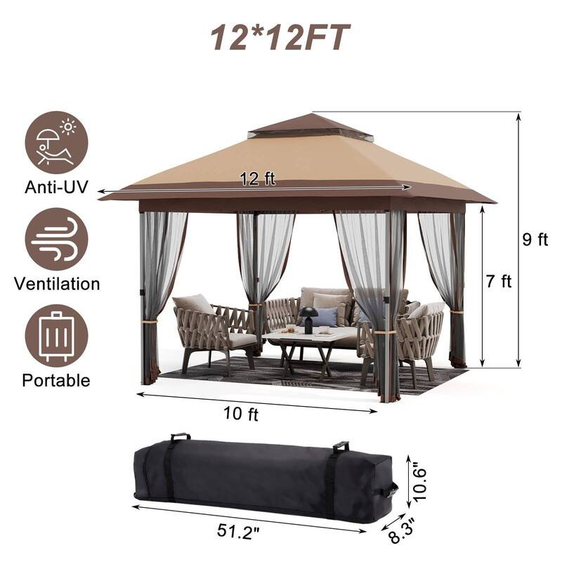 12 X 12ft Pop-up Gazebo, Double Roof Tent with Mosquito Netting