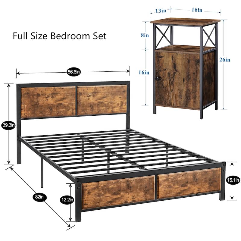 Javlergo Industrial 3-Piece Bedroom Set with Platform Bed Frame and Set of 2 Nightstands, Brown
