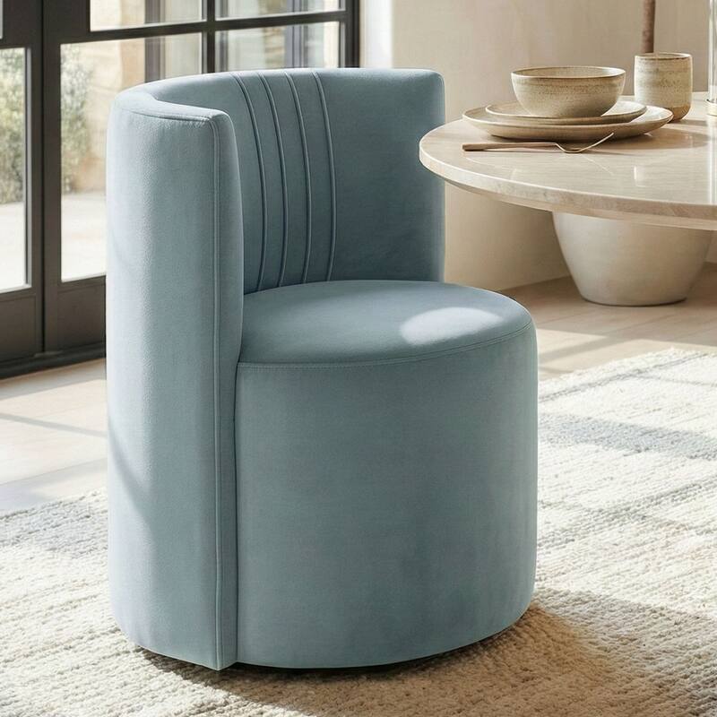 Velvet Swivel Dining Chairs with Rolling Casters, Upholstered Barrel Back Dining ArmChairs - Single - Blue-1-piece