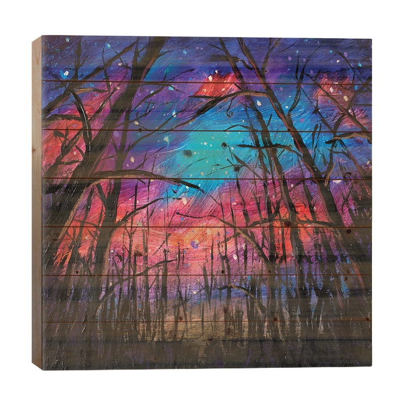 Beautiful Starry Sky Through Trees In Forest Print On Wood by Valery Rybakow - Multi-Color - 26x26x1.5