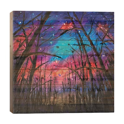 Beautiful Starry Sky Through Trees In Forest Print On Wood by Valery Rybakow - Multi-Color