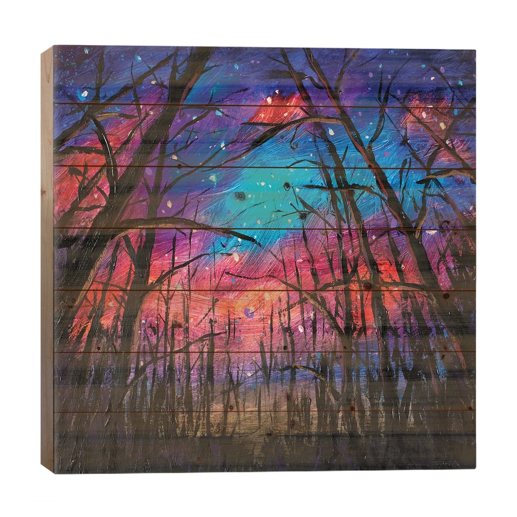 Beautiful Starry Sky Through Trees In Forest Print On Wood by Valery Rybakow - Multi-Color