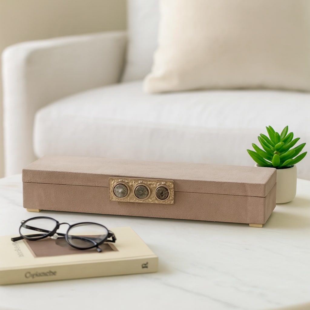 Modern Felix Suede Gemstone Decorative Box with Lid - 18", Ivory - 18.0"