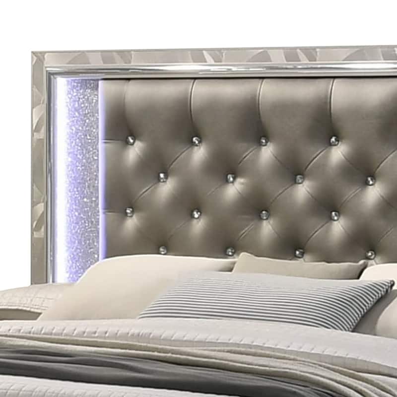 Bet Queen Bed, Silver Faux Leather Upholstery, LED, Crystal Accents, Brown